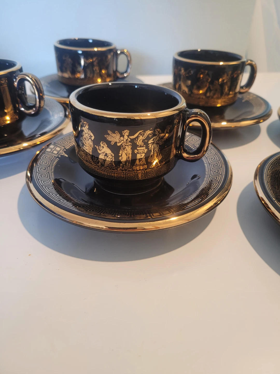Greek teacup and saucer set handmade- black & gold