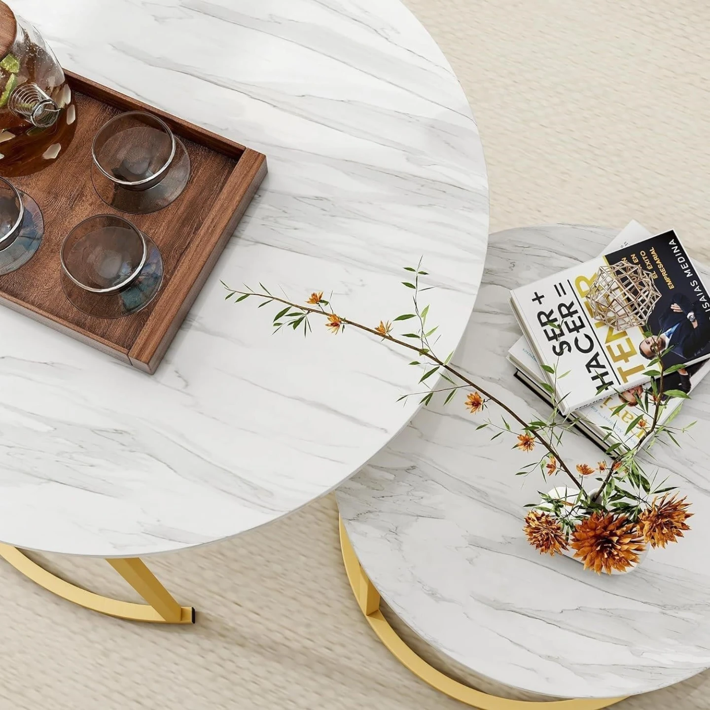 Marble Nesting Coffee Tables with Gold Metal Legs - photo 2