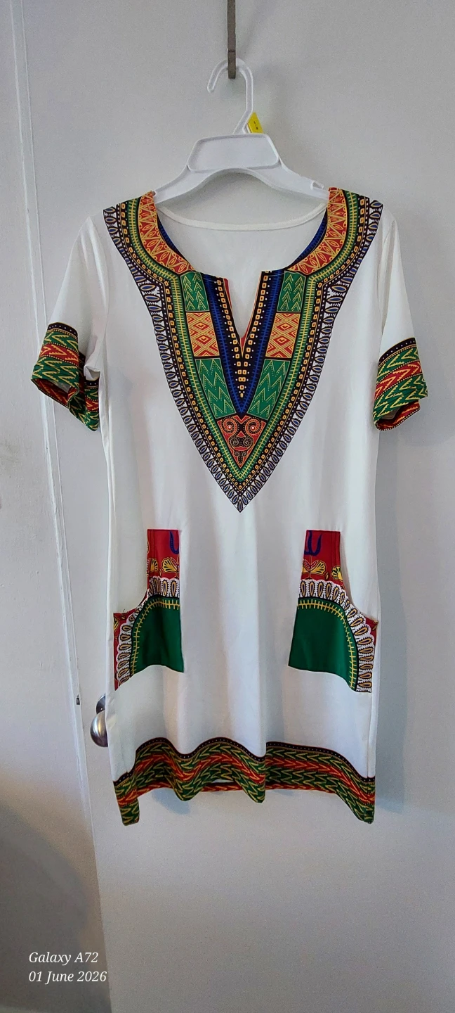 White Dashiki Print Dress with Pockets - photo 2