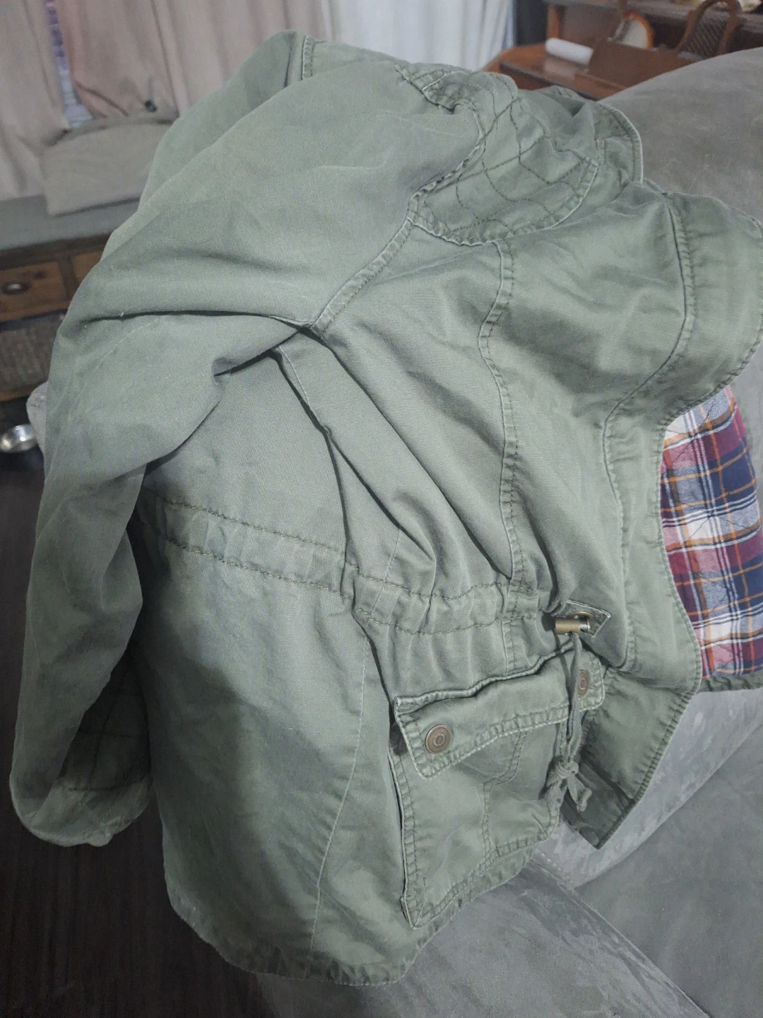 Olive Green Utility Jacket with Plaid Lining - photo 2