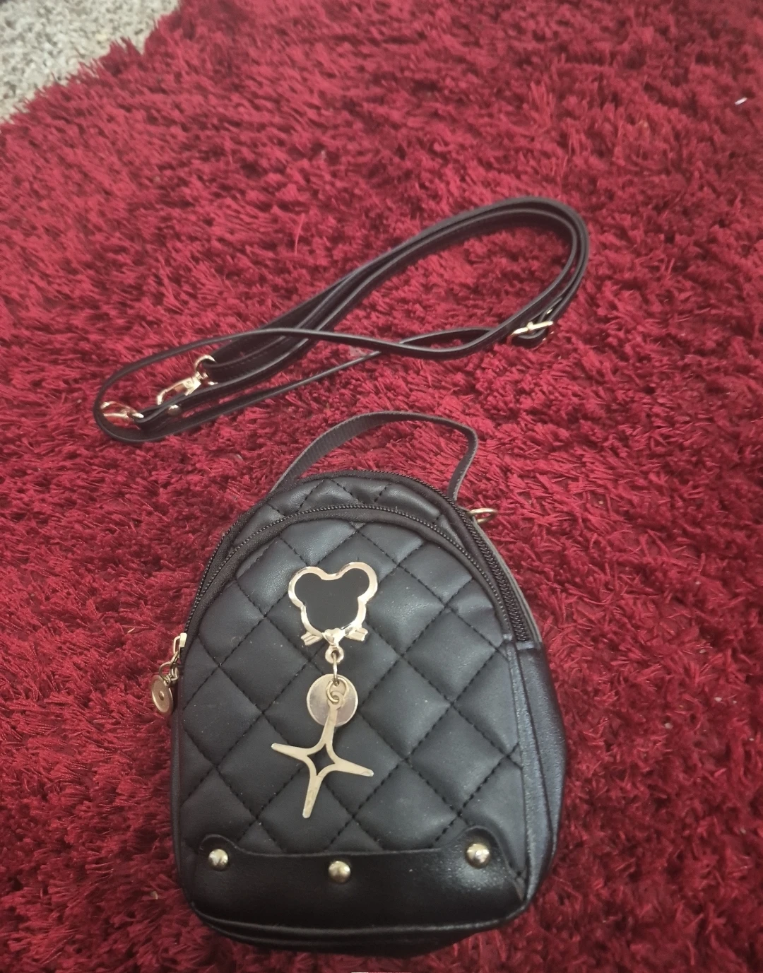 Quilted Black Mini Backpack Purse with Charms