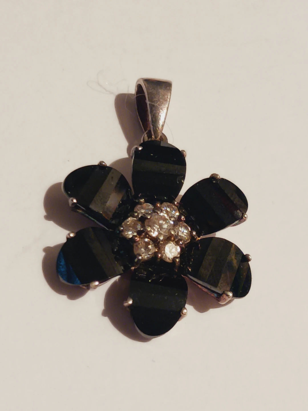 Sterling Silver 925 Flower Pendant wi/ Black Stones & Crystals