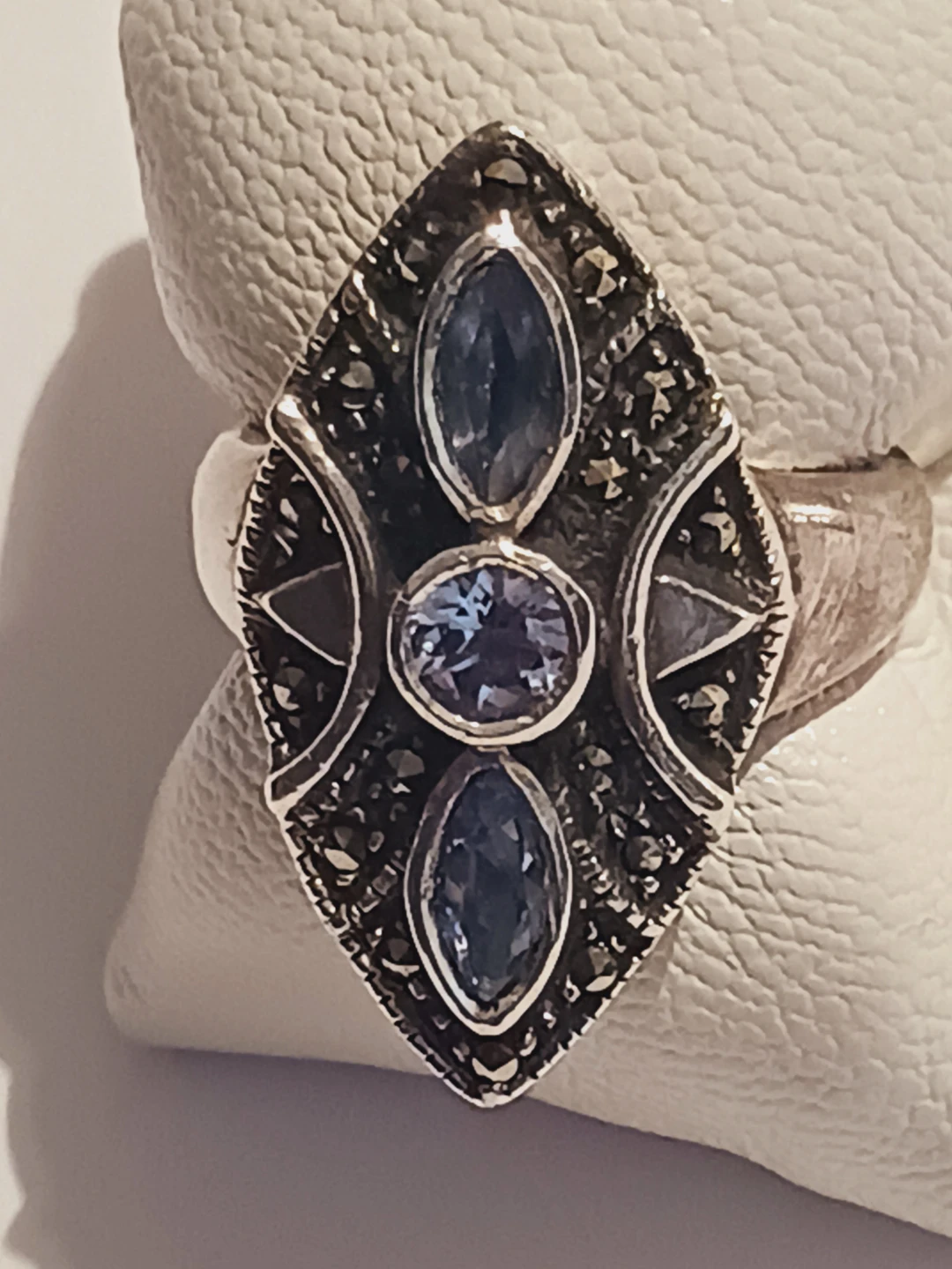 Art Deco Marquise Blue Topaz Sterling Silver 925 Ring. 6.