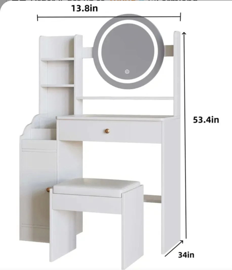 White Vanity Table with Lighted Mirror and Stool - photo 4