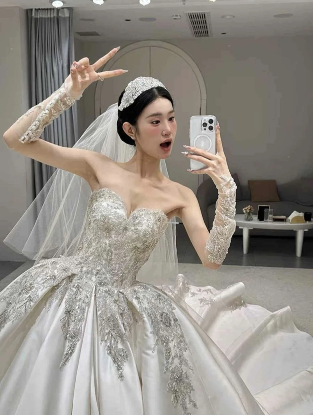 Stunning White Wedding Dress with Embellishments and Veil