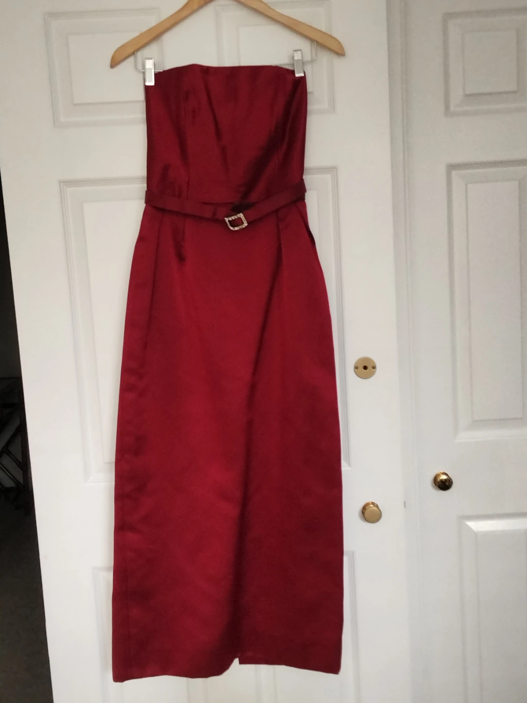 Red Strapless Formal Dress with Embellished Belt - photo 2