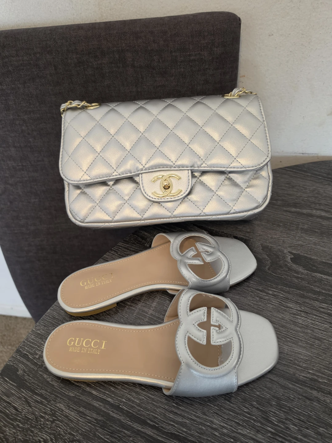 Chanel Silver Quilted Flap Bag and Gucci Slides Set