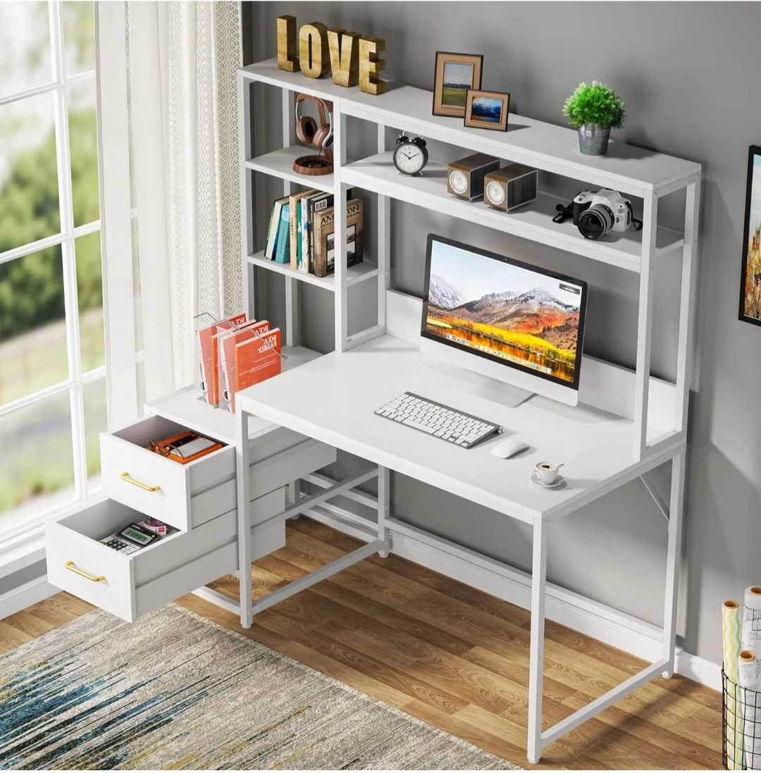 White Computer Desk with Hutch and Drawers - photo 2