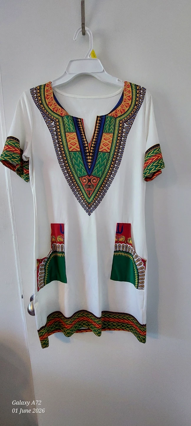 White Dashiki Print Dress with Pockets