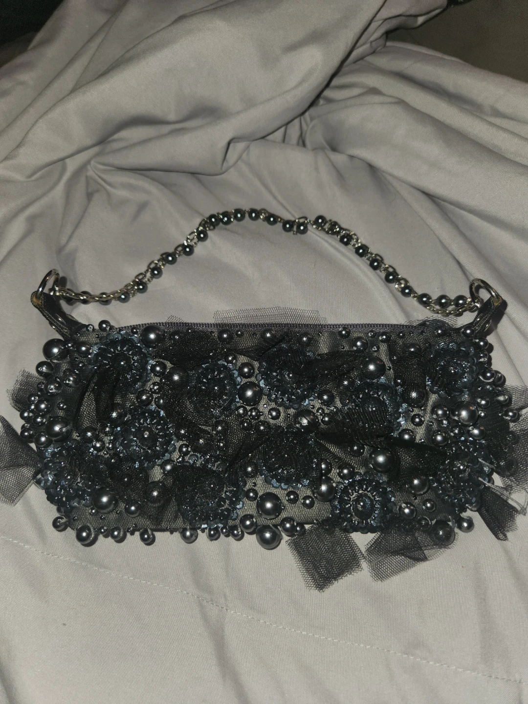 Dark Grey Pearl Beaded Silk Clutch - photo 5