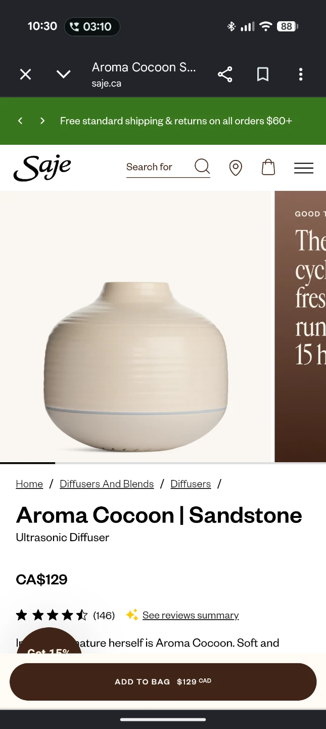 Saje Aroma Cocoon Ultrasonic Diffuser with 5 Essential Oils