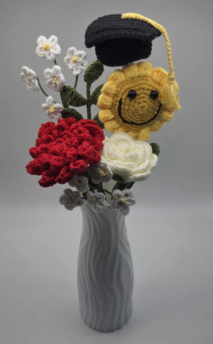 Crocheted Graduation Flower Bouquet with Smiley Sunflower