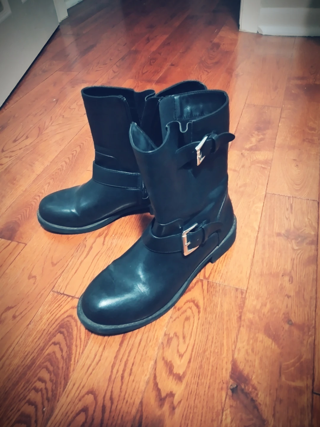 Black Leather Buckle Moto Boots