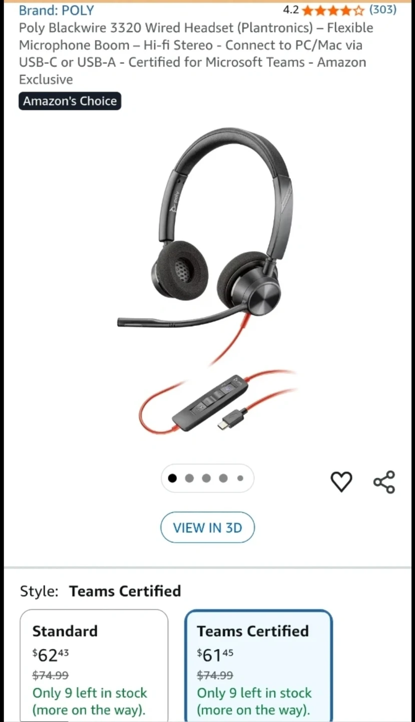 POLY Blackwire 3320 Wired Headset ⚽