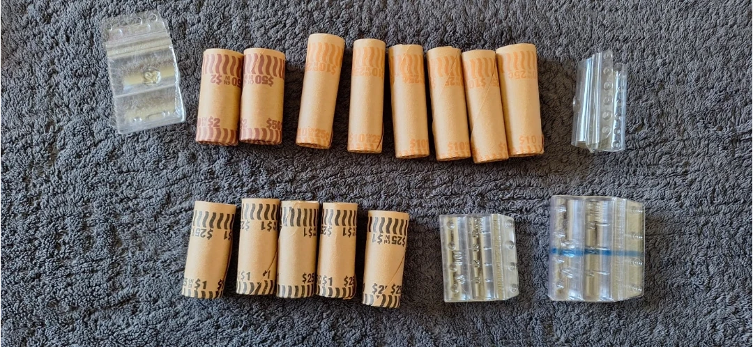 Rolls of coins with plastic holders
