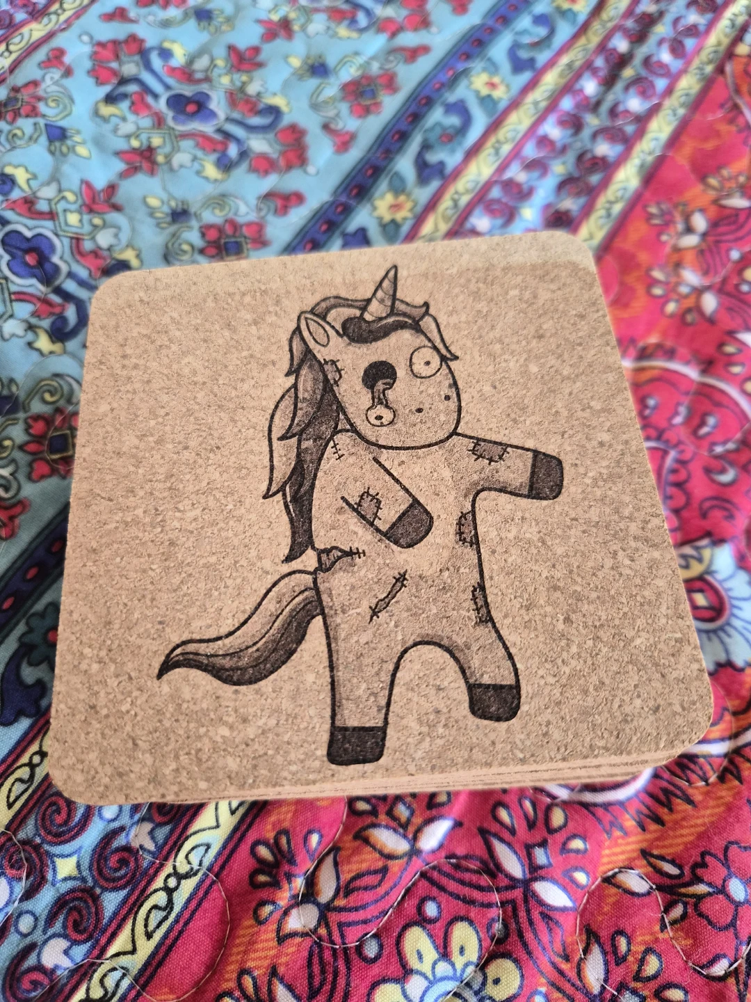 8 Cork Coasters - Zombie Unicorn Design