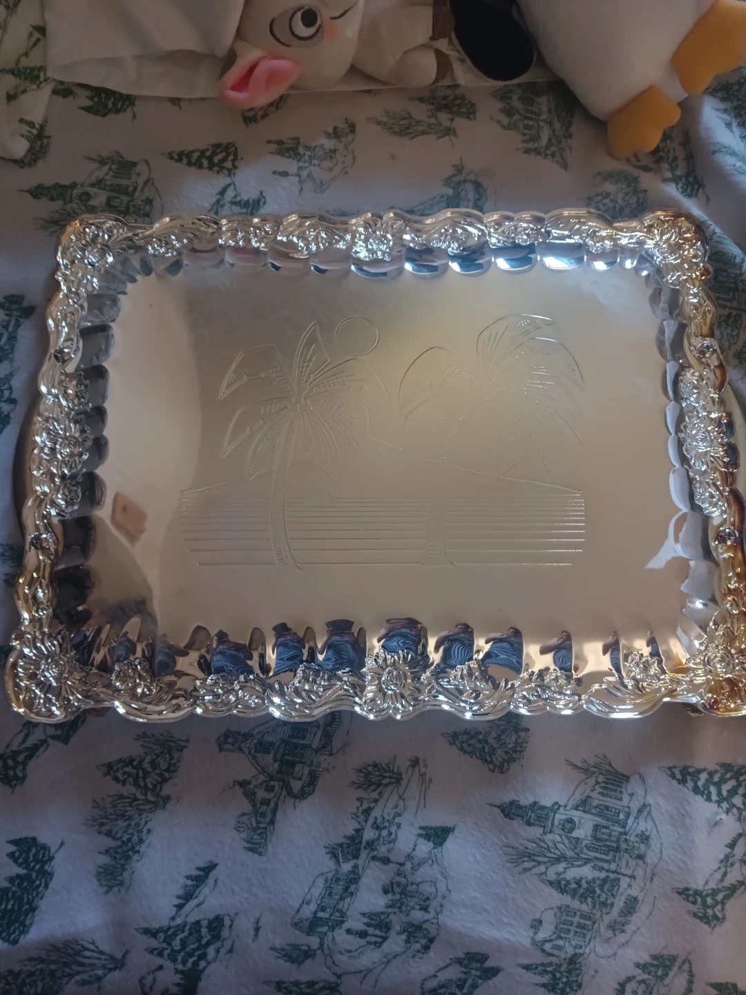 Ornate Silver Plated Tray with Palm Tree Design