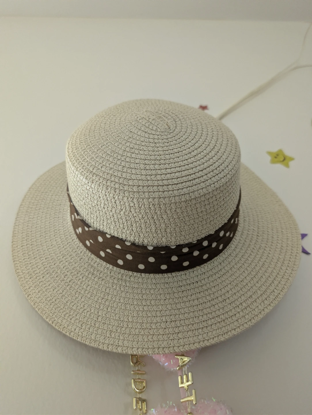 Moving Sale - Straw Hat with Polka Dot Ribbon