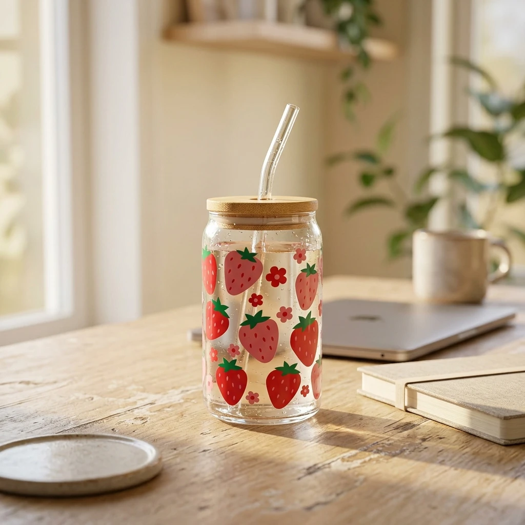 Strawberry Pattern Glass Tumbler with Bamboo Lid & Straw - photo 2