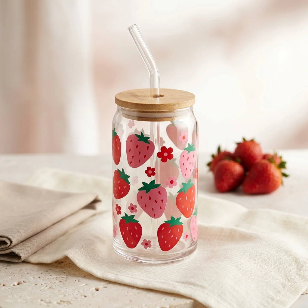 Strawberry Pattern Glass Tumbler with Bamboo Lid & Straw