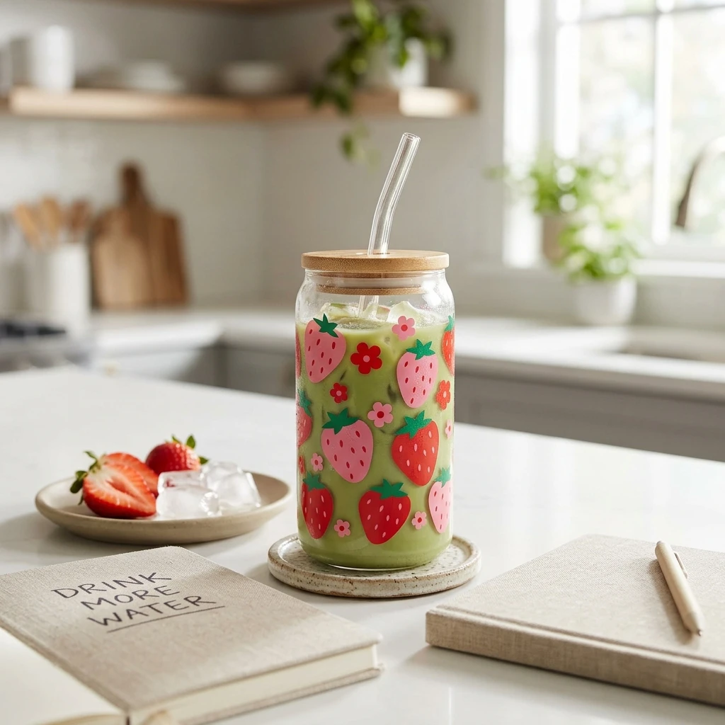 Strawberry Pattern Glass Tumbler with Bamboo Lid & Straw - photo 3