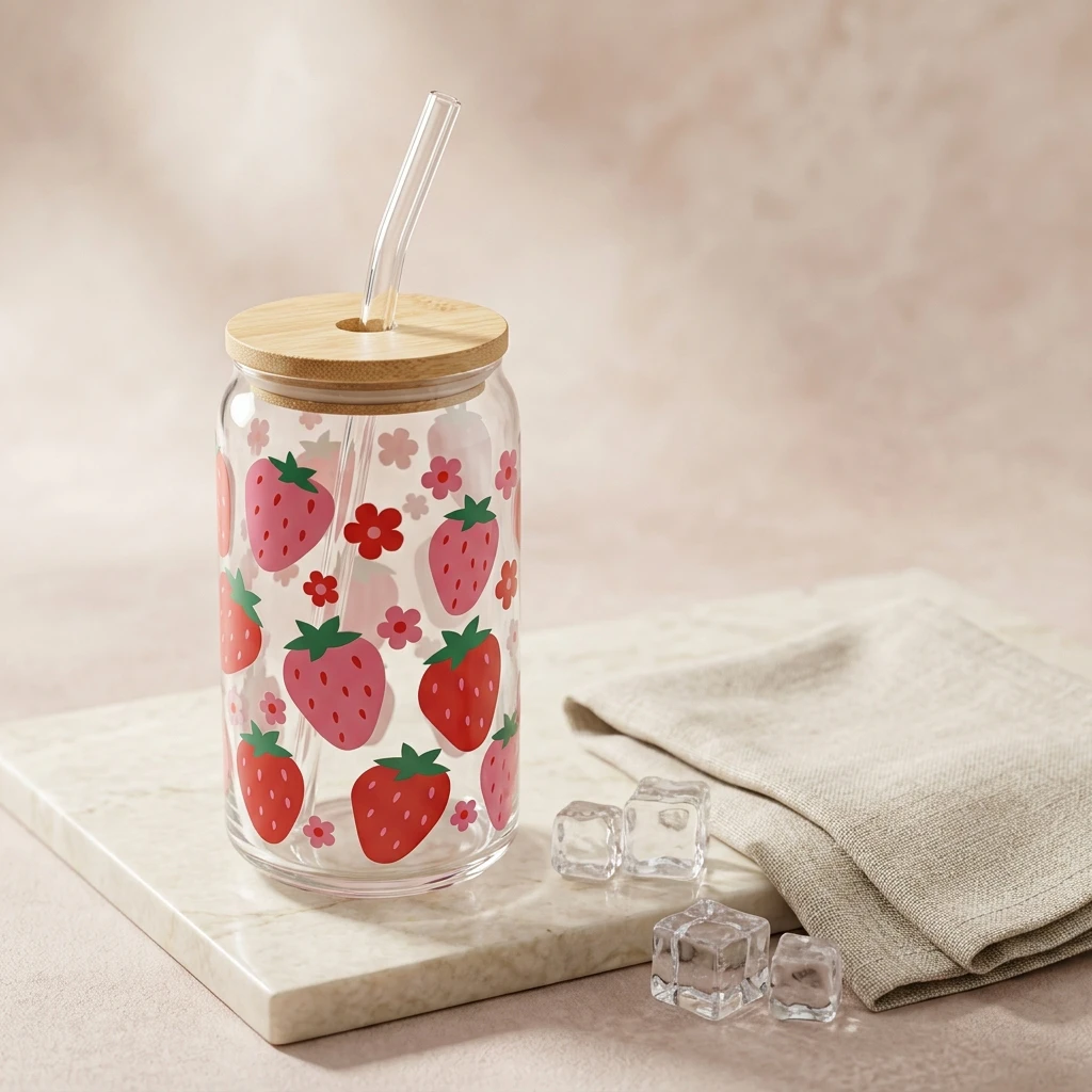 Strawberry Pattern Glass Tumbler with Bamboo Lid & Straw - photo 4