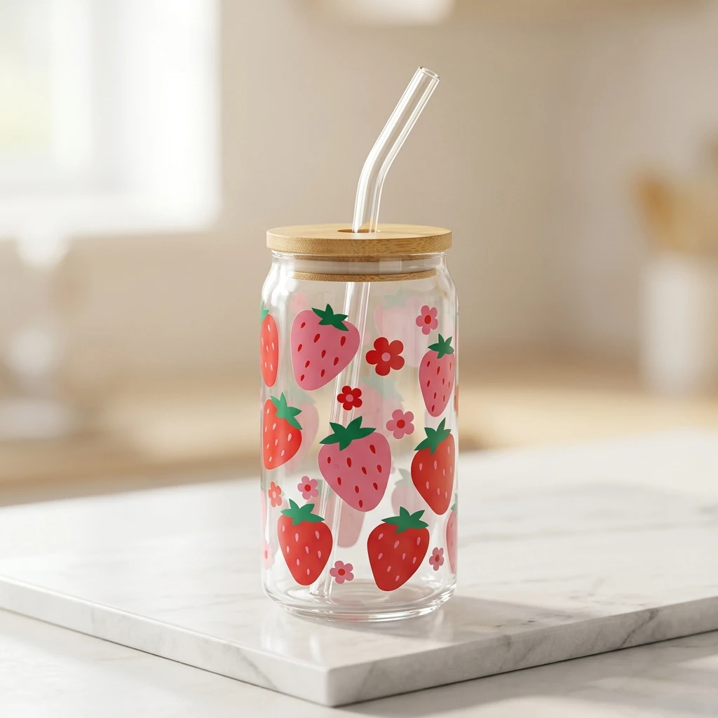 Strawberry Pattern Glass Tumbler with Bamboo Lid & Straw - photo 5