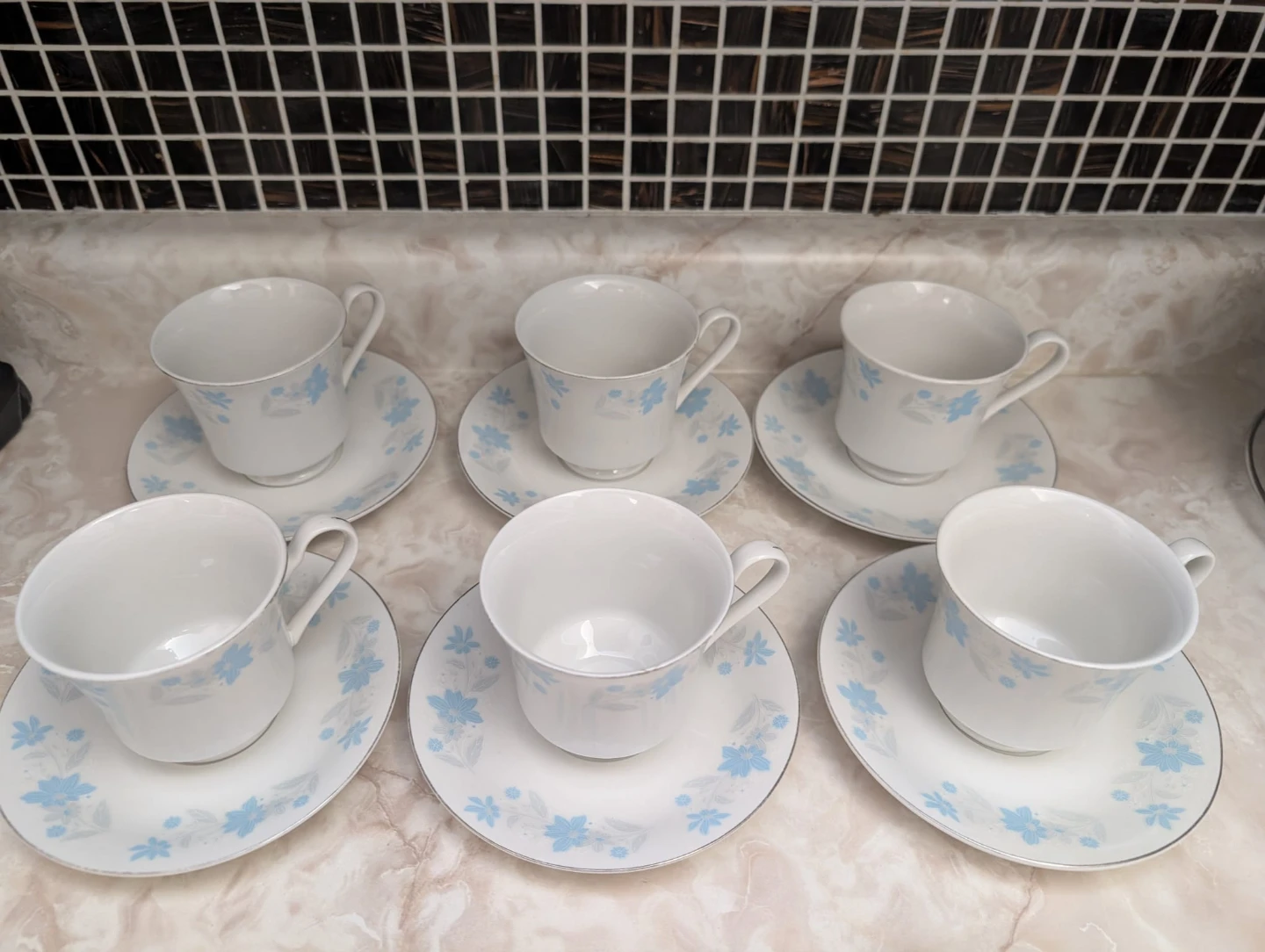 Set of 6 White Teacups and Saucers with Blue Floral Design - photo 3