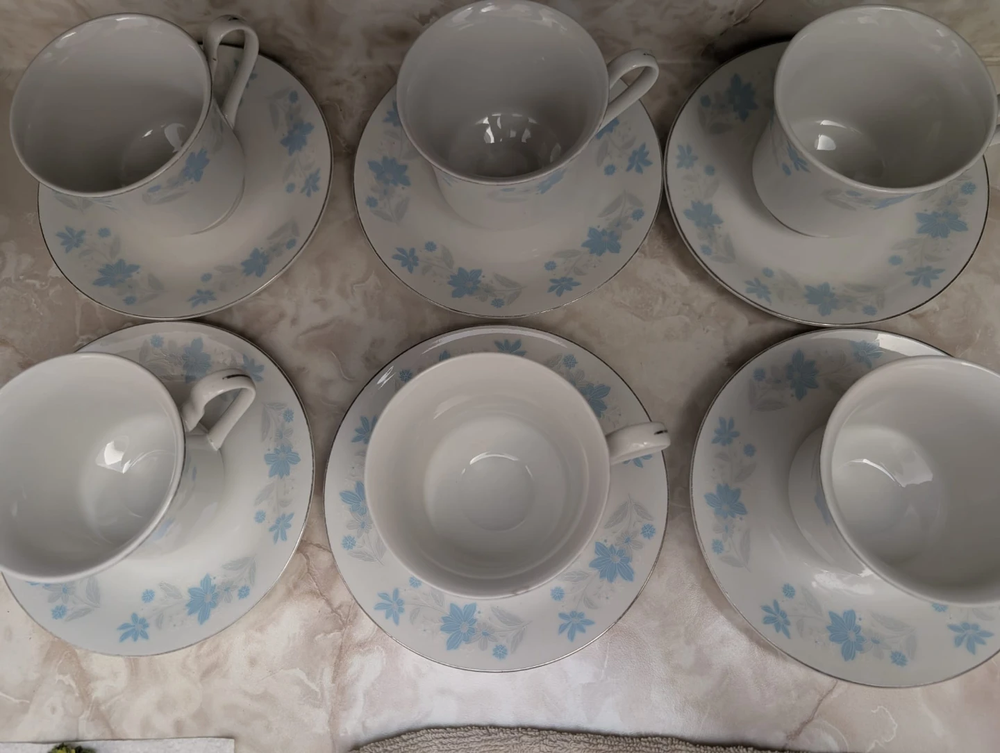 Set of 6 White Teacups and Saucers with Blue Floral Design - photo 4