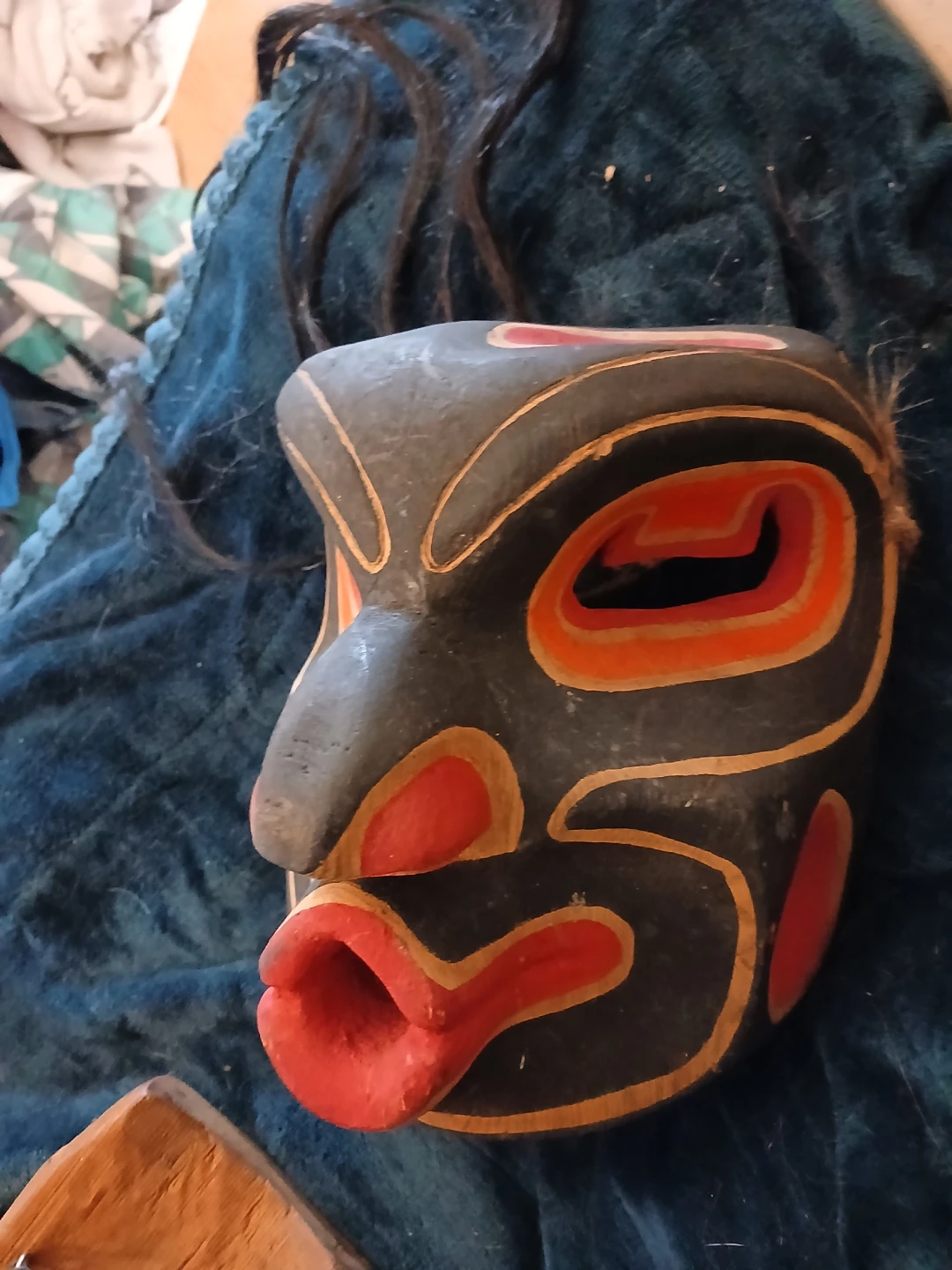 Decorative Wooden Mask with Hair Accents