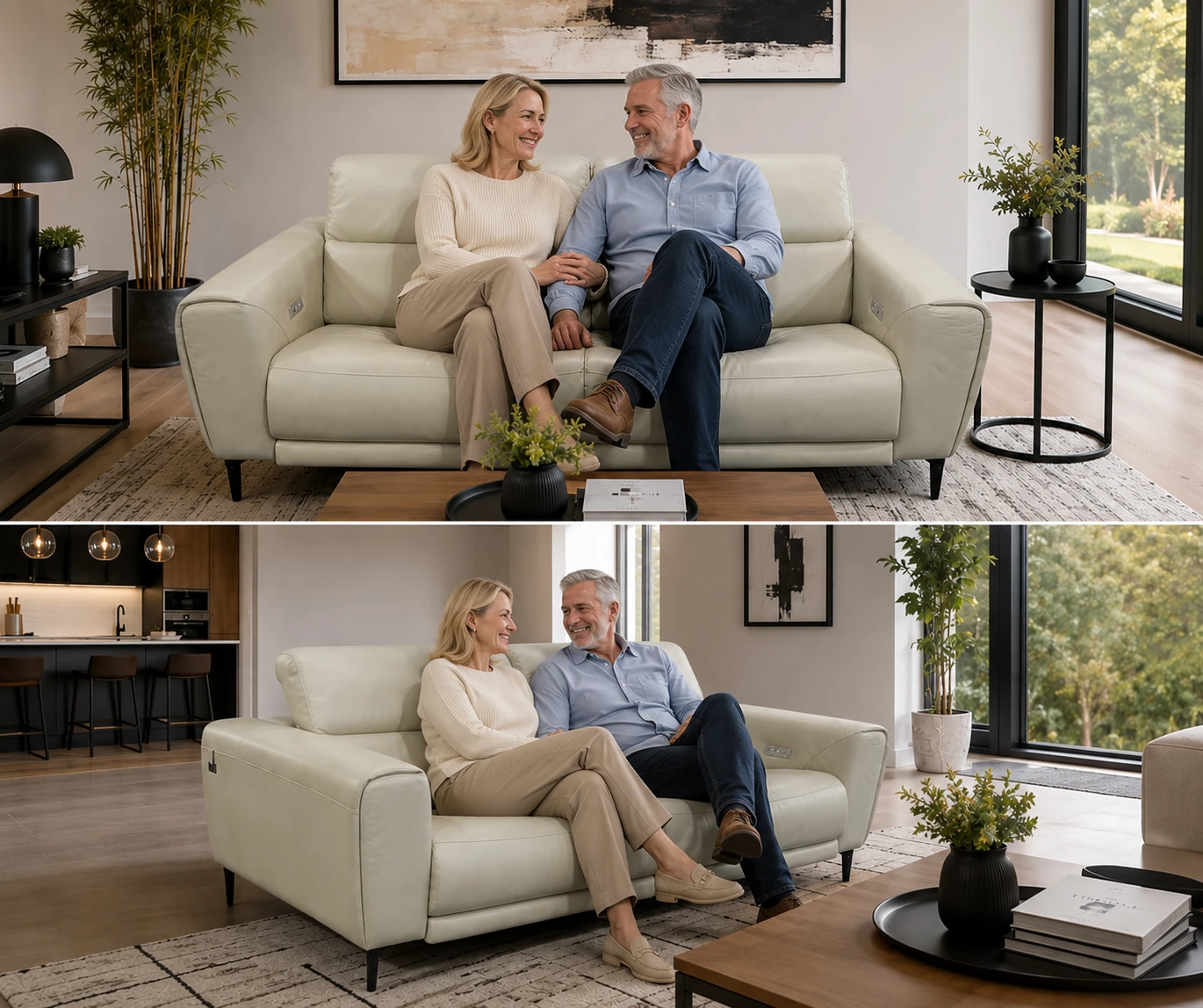 Cream Leather Power Recliner Sofa - photo 2