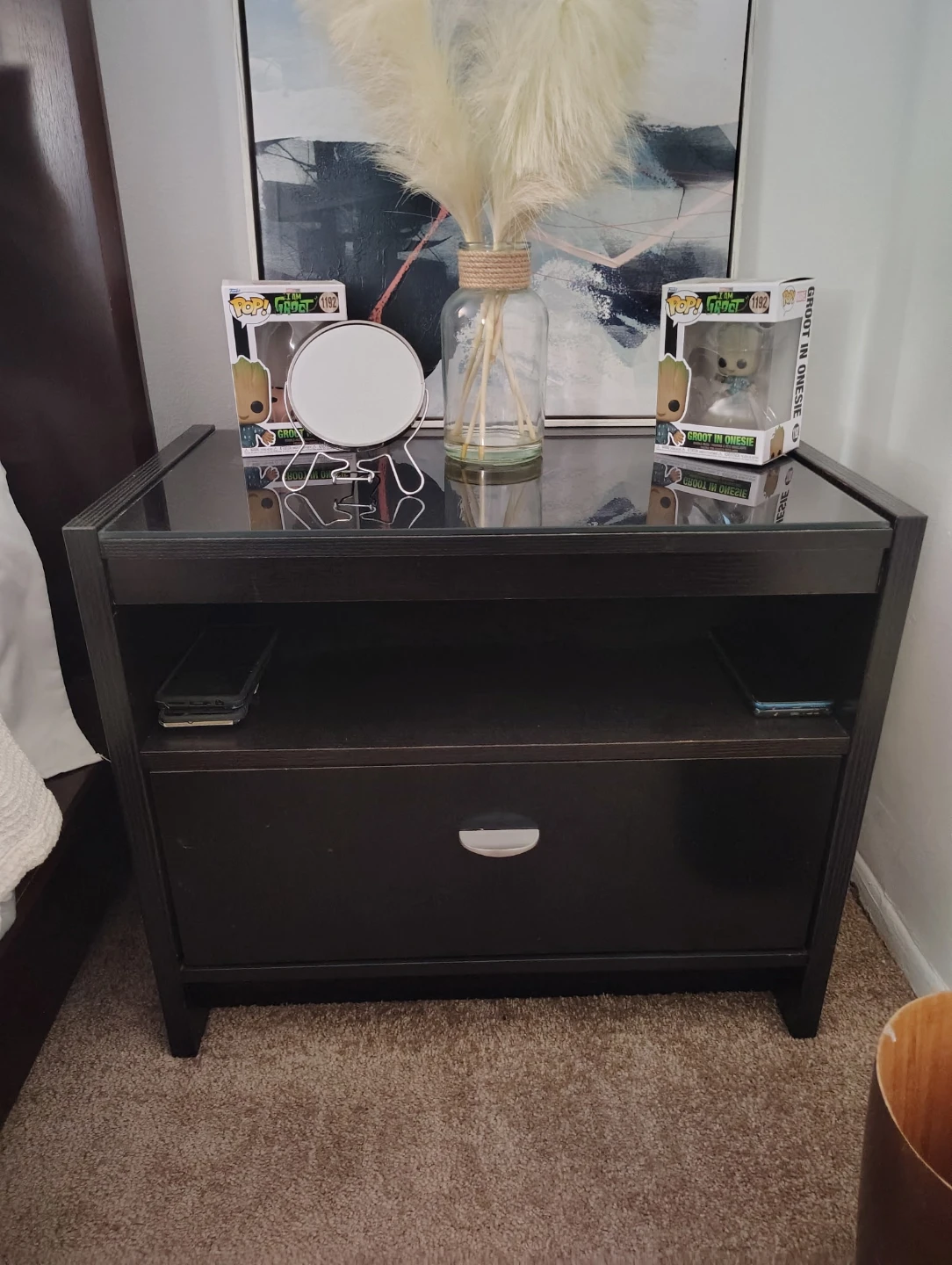 Dark Wood Dresser with Mirror, queen bed and 2 night table