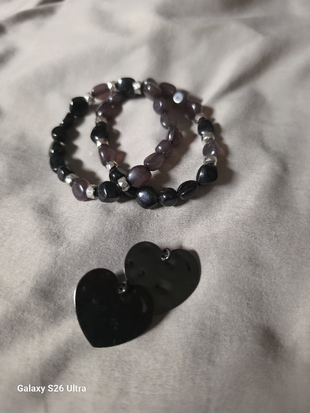 Black Stone Beaded Bracelets with Heart Charms