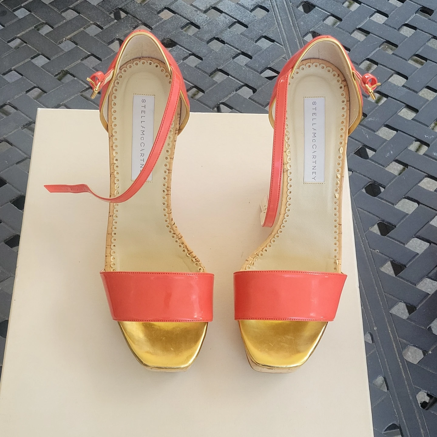 Stella McCartney Coral & Gold Cork Wedge Sandals