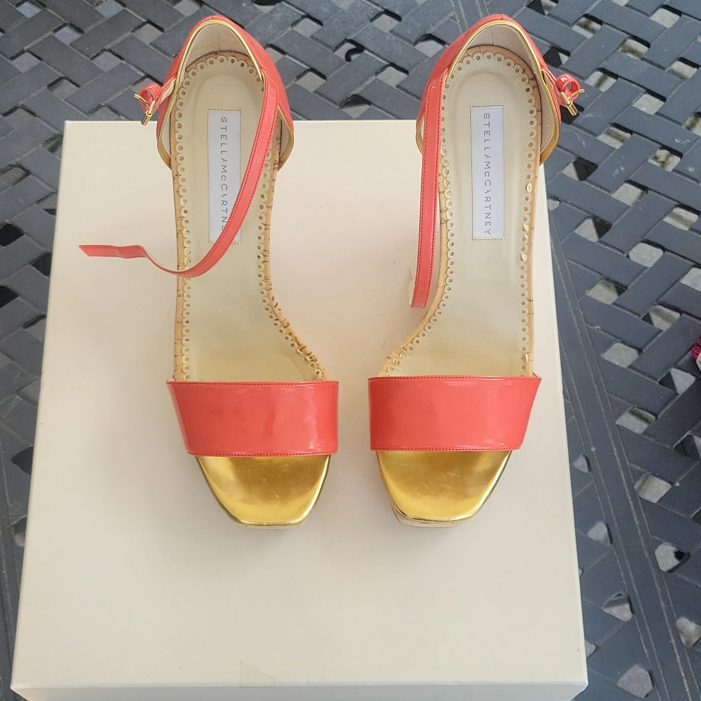 Stella McCartney Coral & Gold Cork Wedge Sandals - photo 2