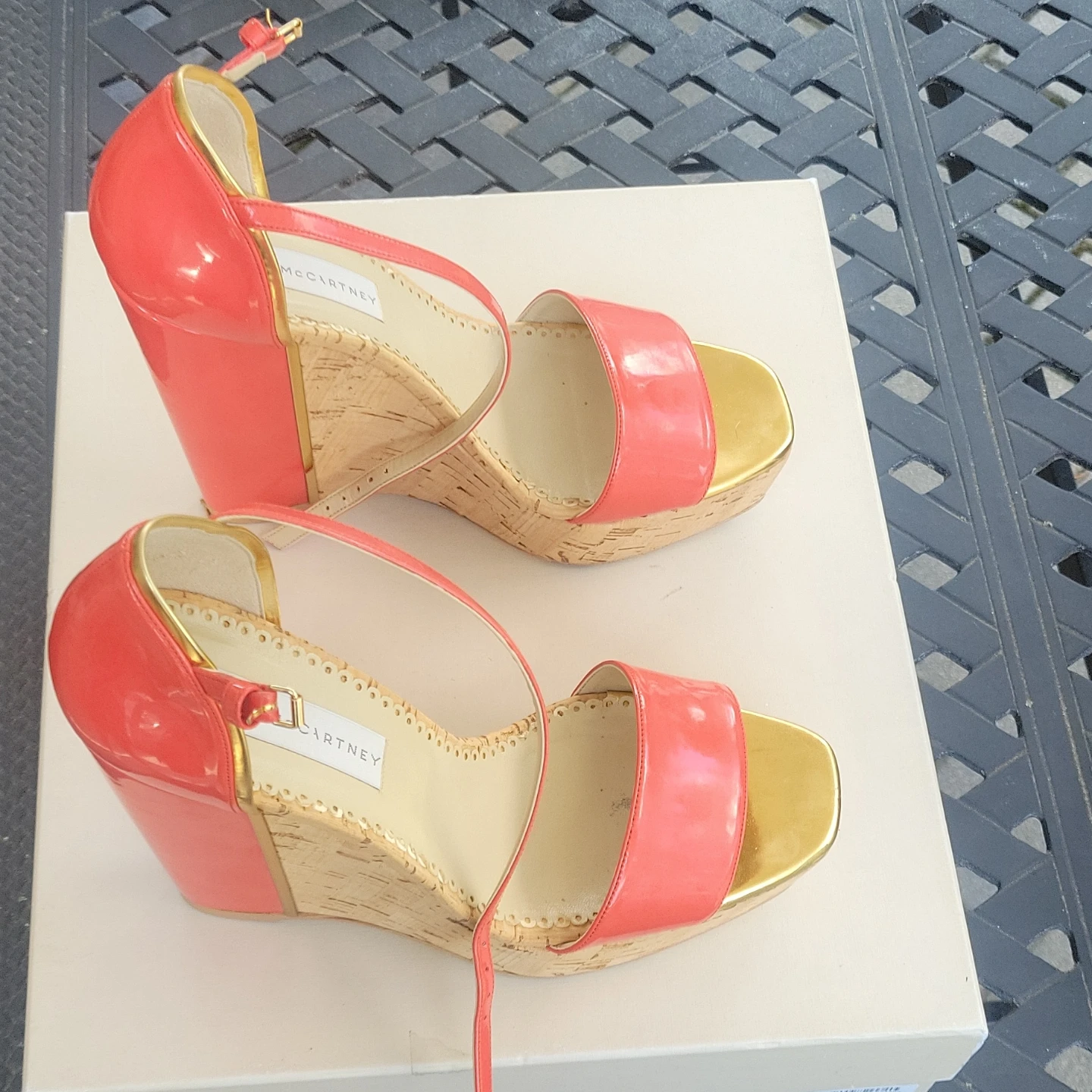 Stella McCartney Coral & Gold Cork Wedge Sandals - photo 3