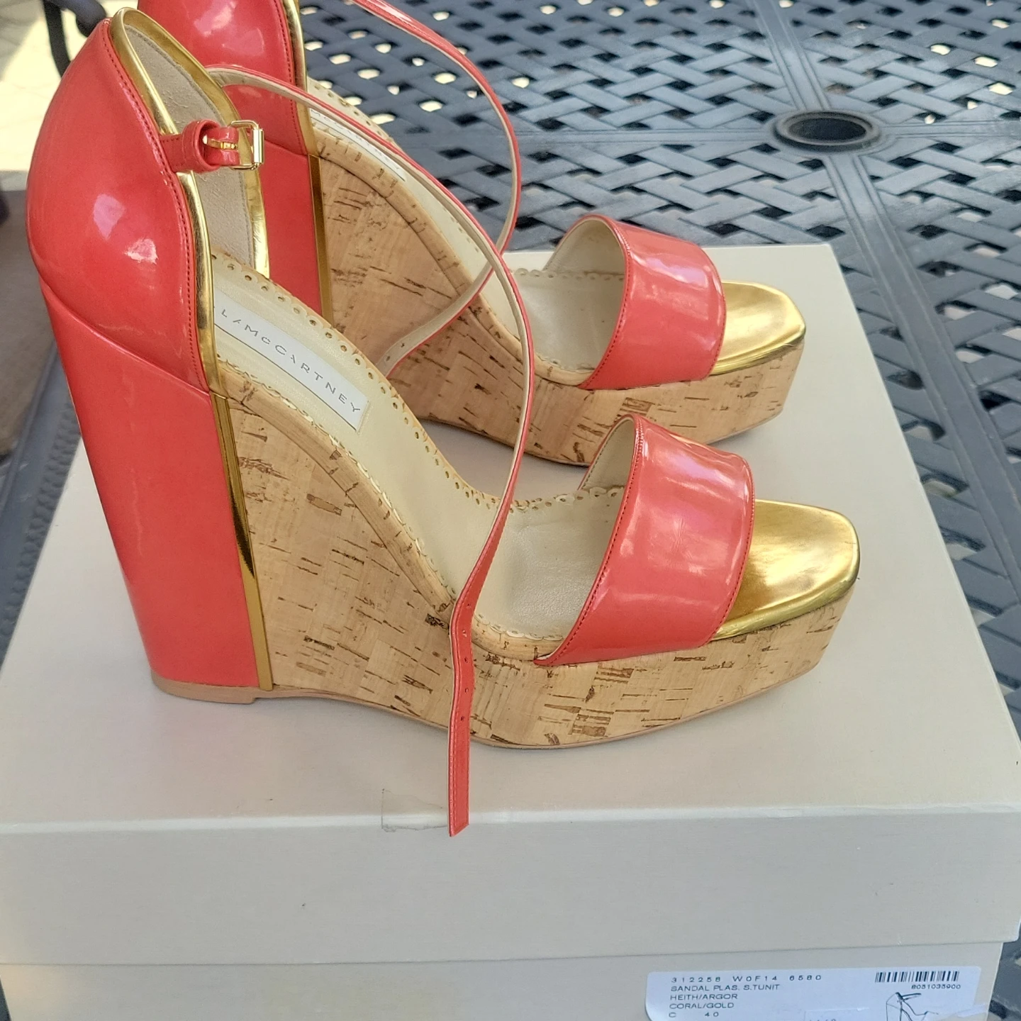 Stella McCartney Coral & Gold Cork Wedge Sandals - photo 4