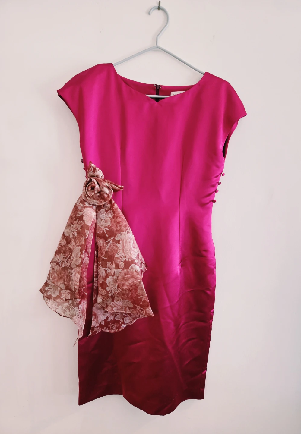 Women's Pink Satin Dress with Floral Scarf Accent - photo 2