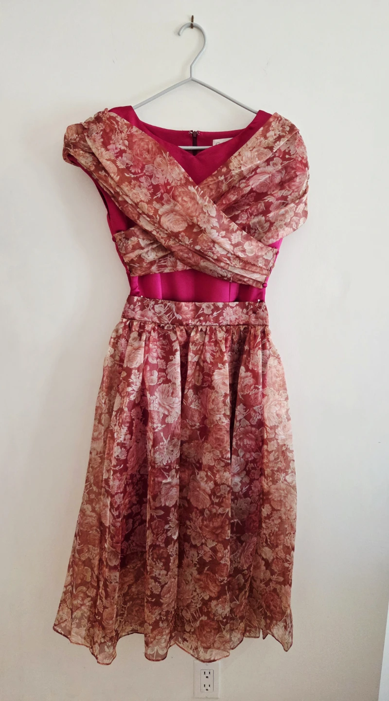Women's Pink Satin Dress with Floral Scarf Accent - photo 4