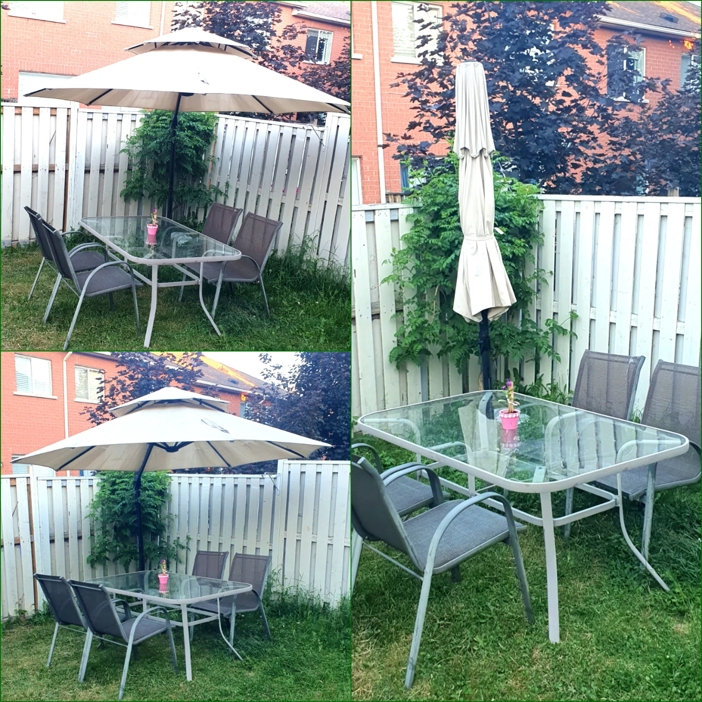 Glass patio dining set with umbrella