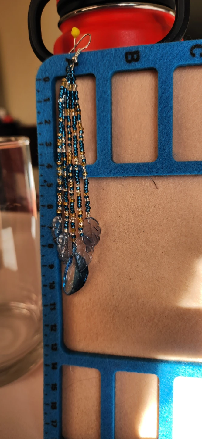 Blue & Gold Beaded Dangle Earrings with Leaf Charms - photo 2