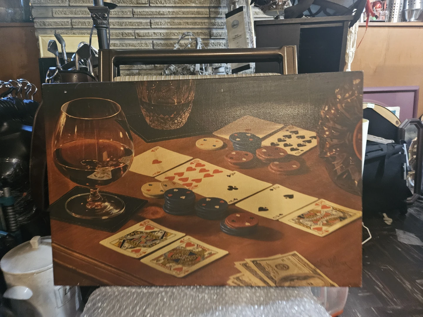 Vintage Poker Painting with Cards, Chips, and Whiskey Glass - photo 2