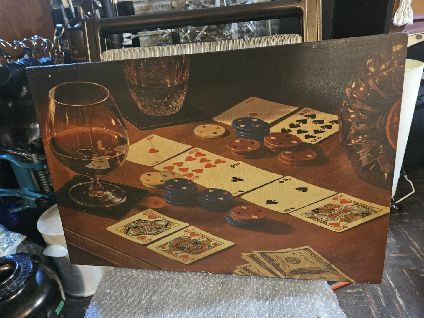 Vintage Poker Painting with Cards, Chips, and Whiskey Glass - photo 3