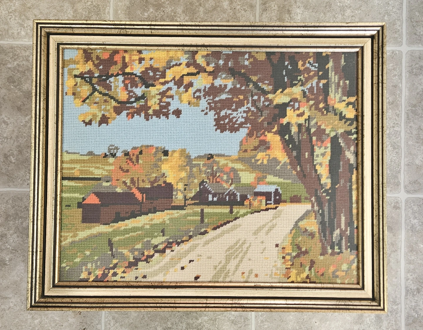 Vintage framed needlepoint fall scene