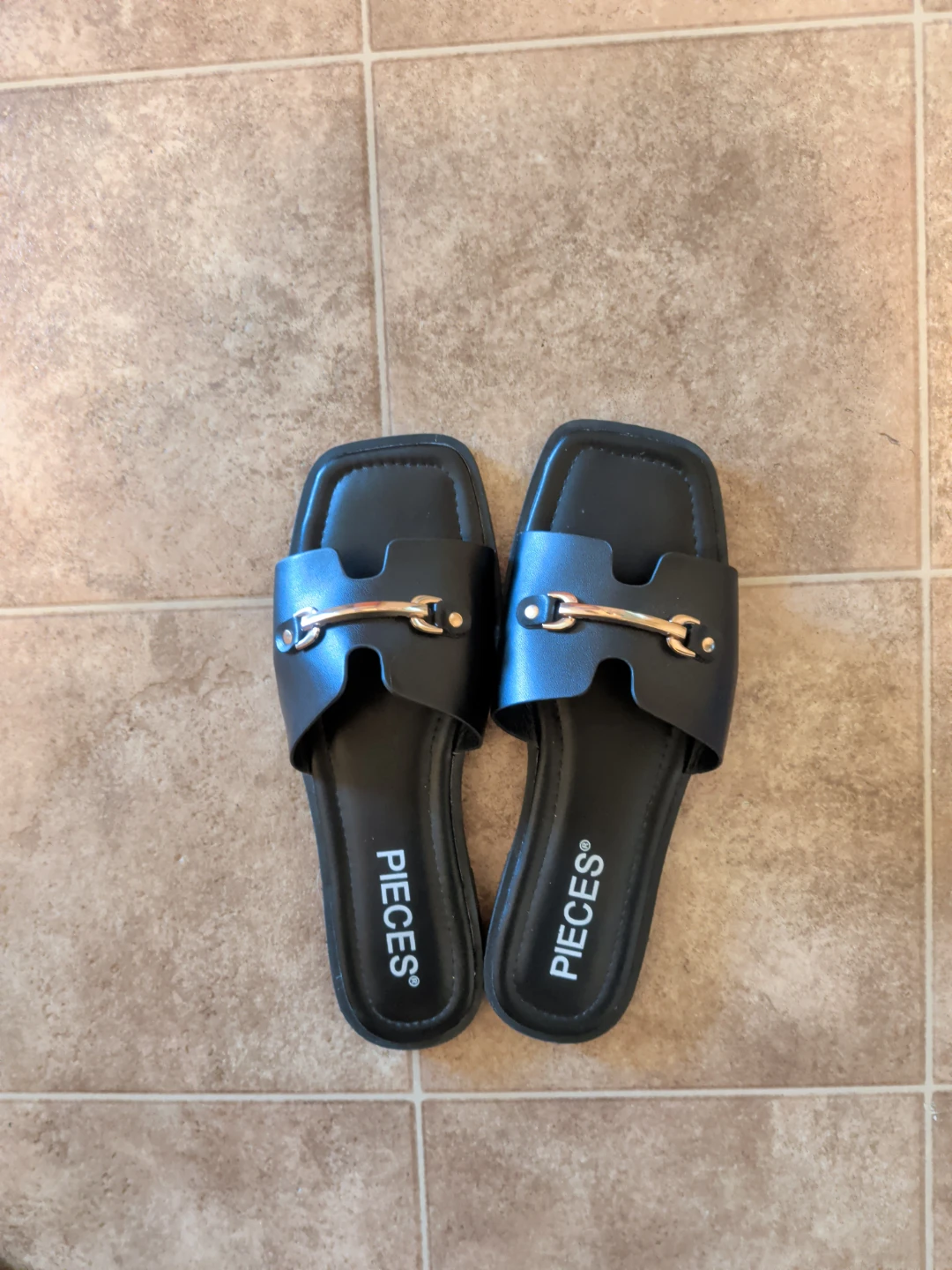 PIECES Black Slides with Gold Buckle