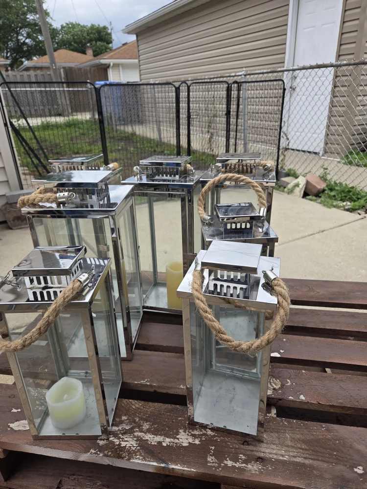 Set of 5 Silver Metal Lanterns with Rope Handles