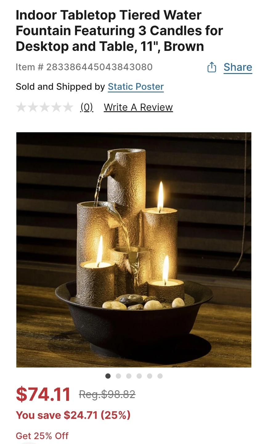 Indoor Tabletop Water Fountain with 3 Candles, 11", Brown