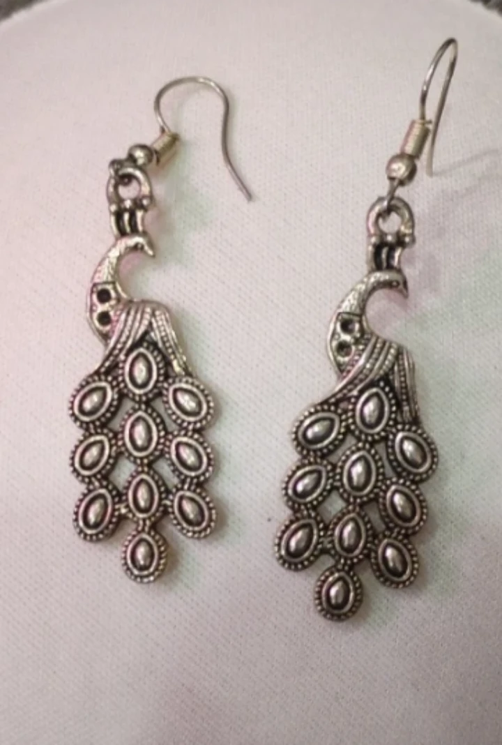 Silver Tone Peacock Dangle Earrings