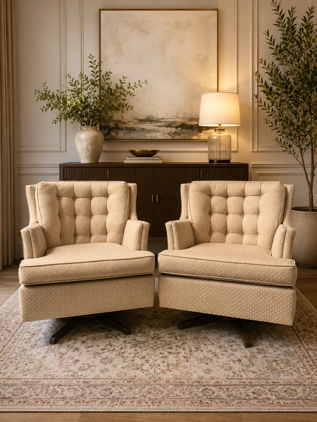 Pair of beige upholstered swivel accent chairs