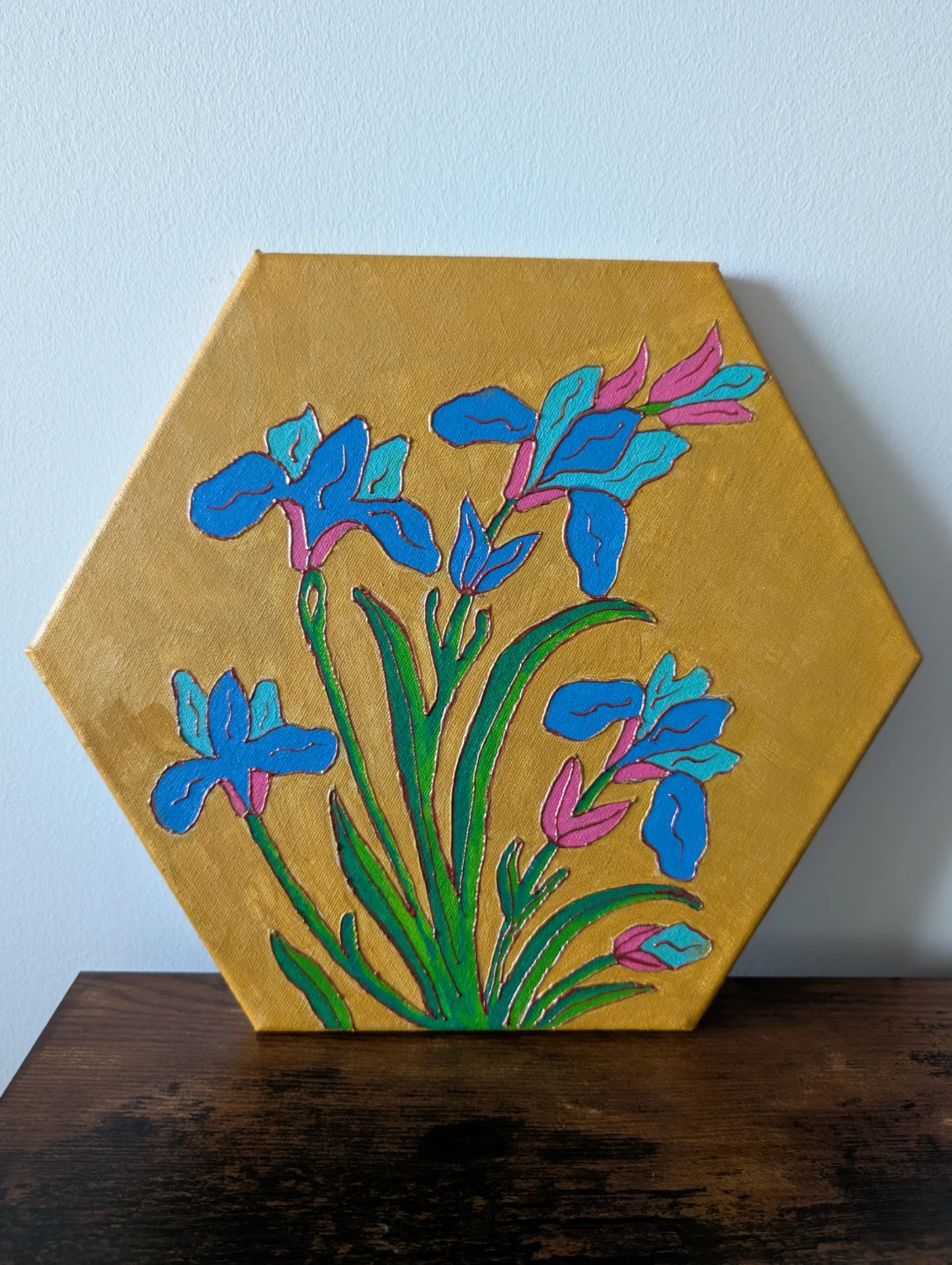 Hexagonal Canvas Art with Blue Irises